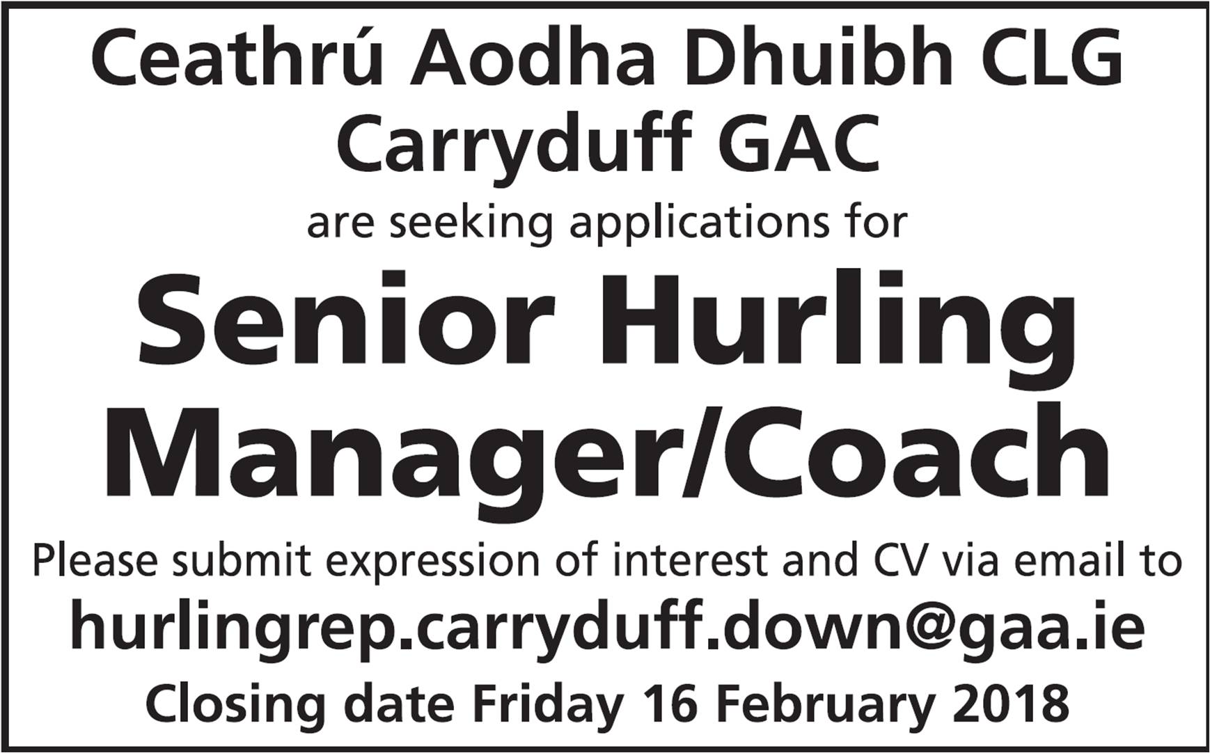 Senior Hurling Manager required